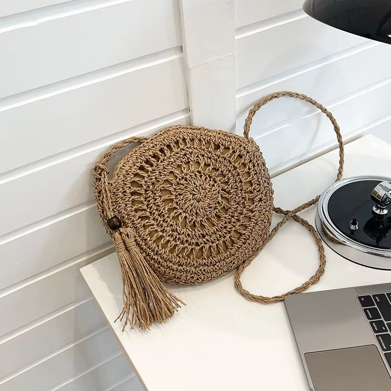 Round Tassel Straw Crossbody Bag for Women - Handmade Woven Rattan Beach Tote for Summer Travel