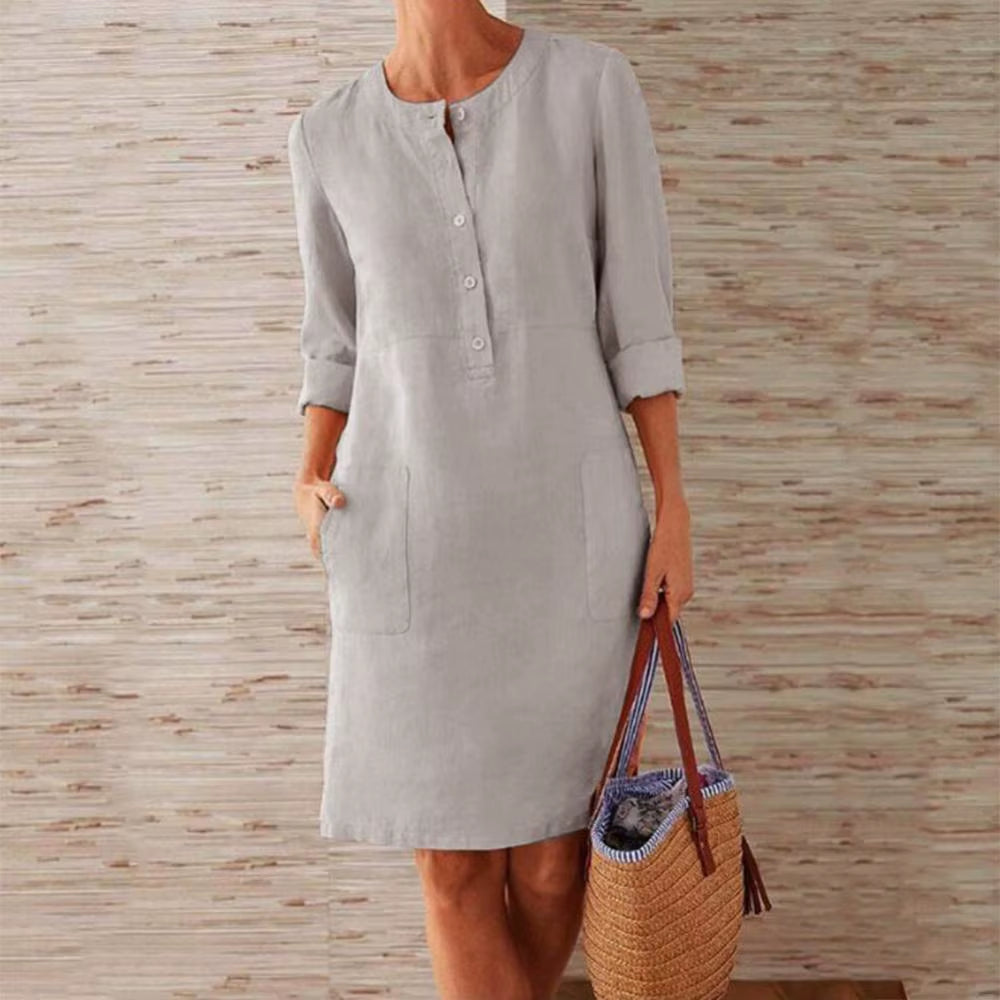 Summer Boho Vintage Dress Women Casual Long Sleeve Buttons Pockets Cotton Linen Loose Knee-Length Dress
