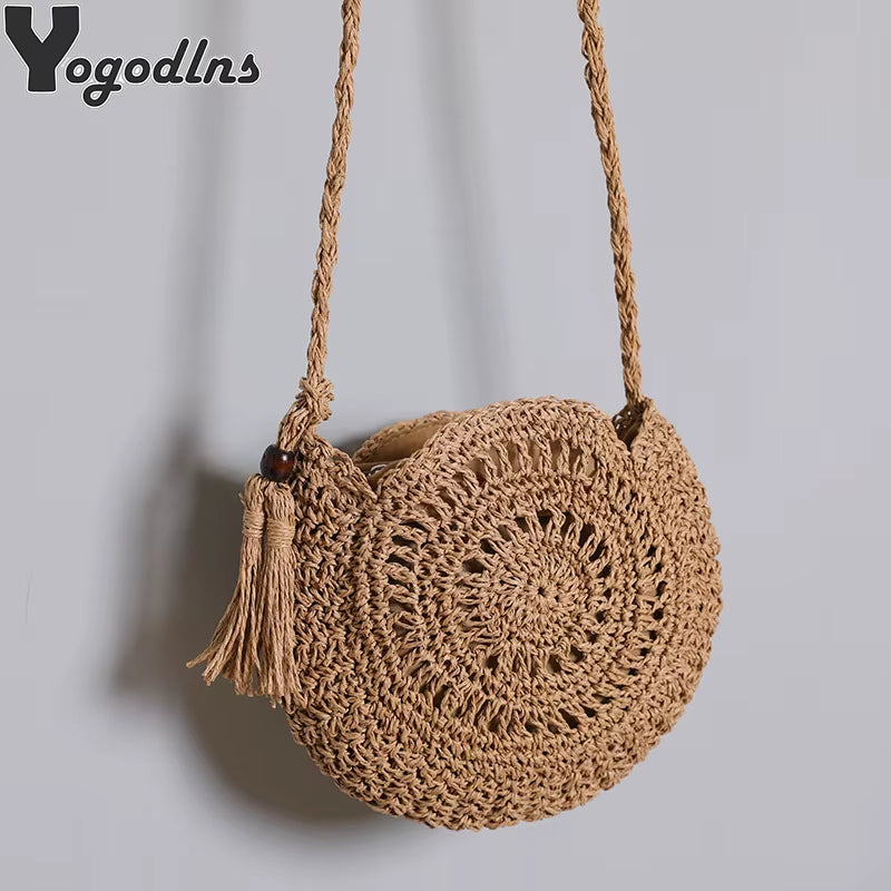 Round Tassel Straw Crossbody Bag for Women - Handmade Woven Rattan Beach Tote for Summer Travel