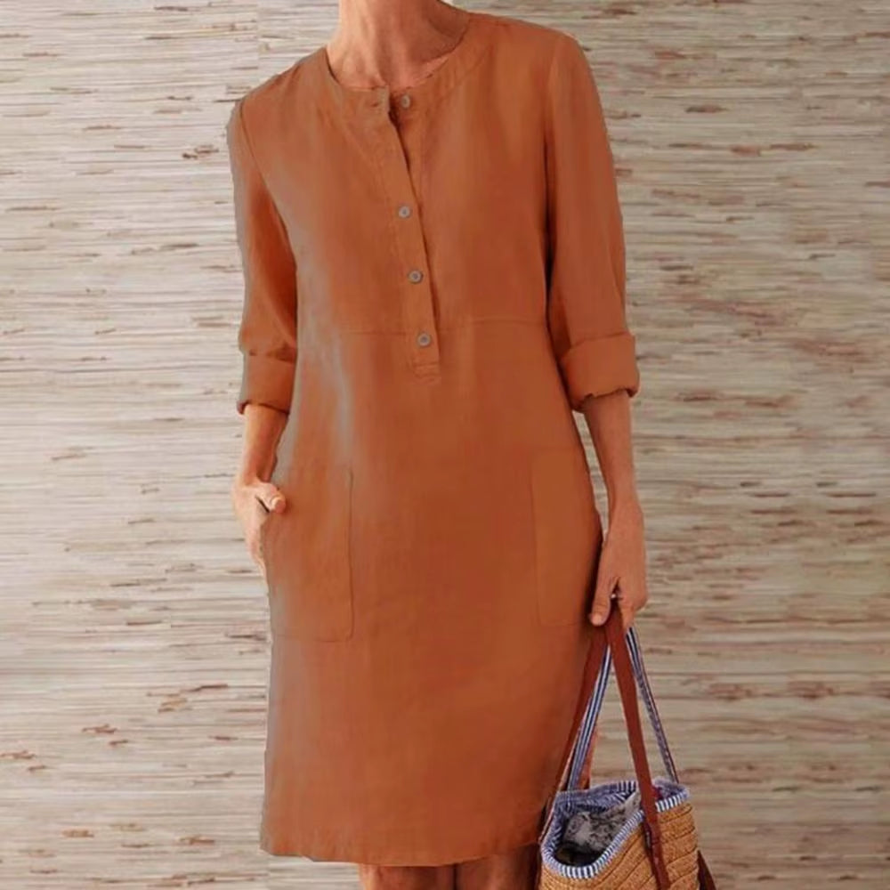 Summer Boho Vintage Dress Women Casual Long Sleeve Buttons Pockets Cotton Linen Loose Knee-Length Dress