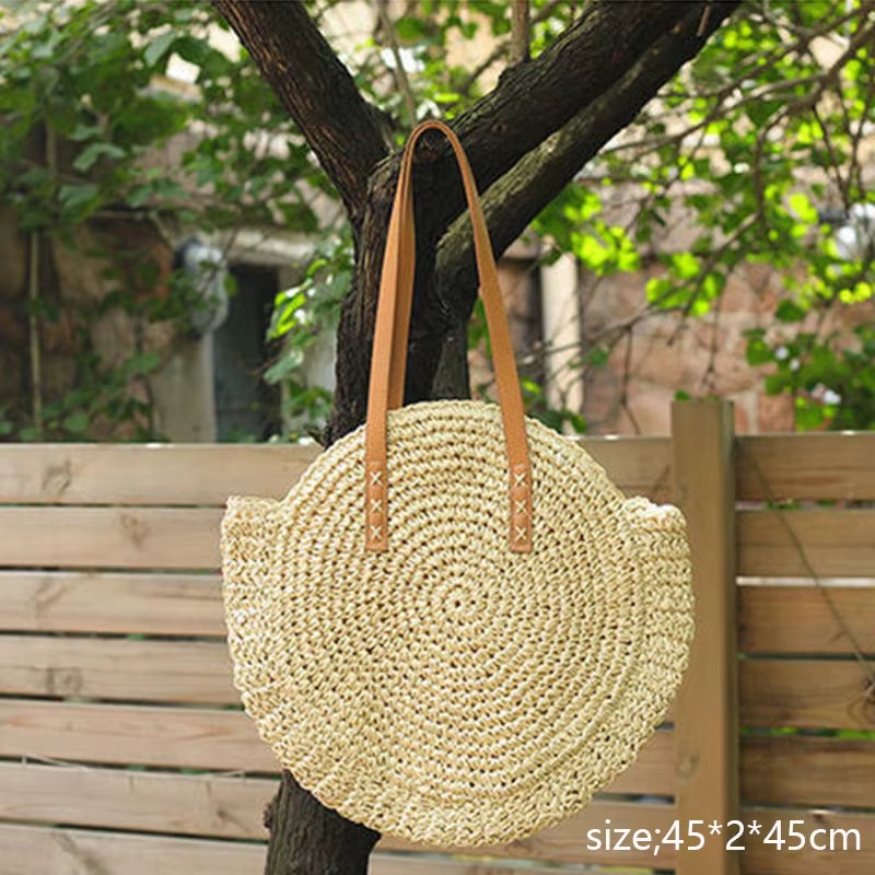 Round Tassel Straw Crossbody Bag for Women - Handmade Woven Rattan Beach Tote for Summer Travel
