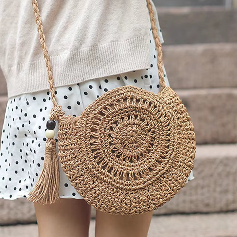 Round Tassel Straw Crossbody Bag for Women - Handmade Woven Rattan Beach Tote for Summer Travel