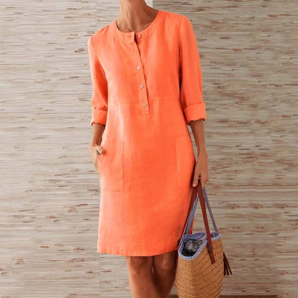 Summer Boho Vintage Dress Women Casual Long Sleeve Buttons Pockets Cotton Linen Loose Knee-Length Dress