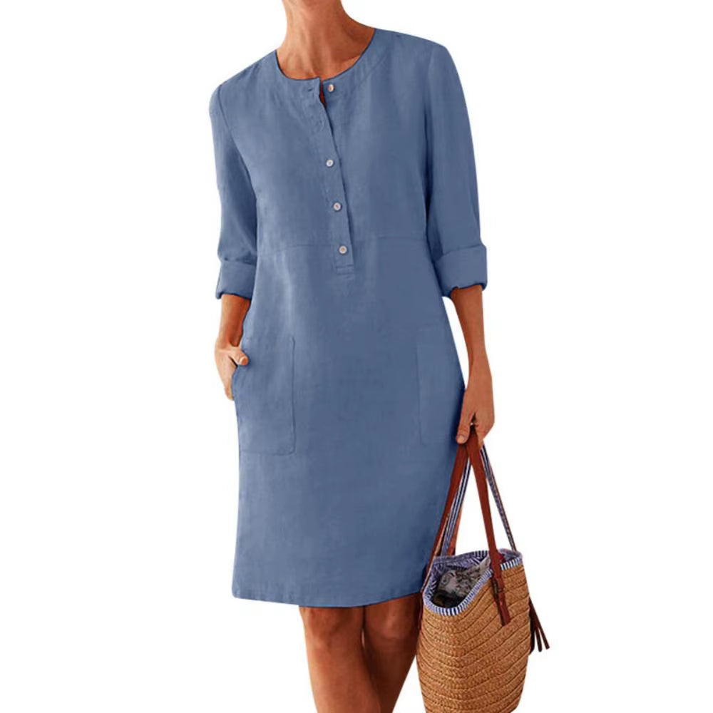 Summer Boho Vintage Dress Women Casual Long Sleeve Buttons Pockets Cotton Linen Loose Knee-Length Dress