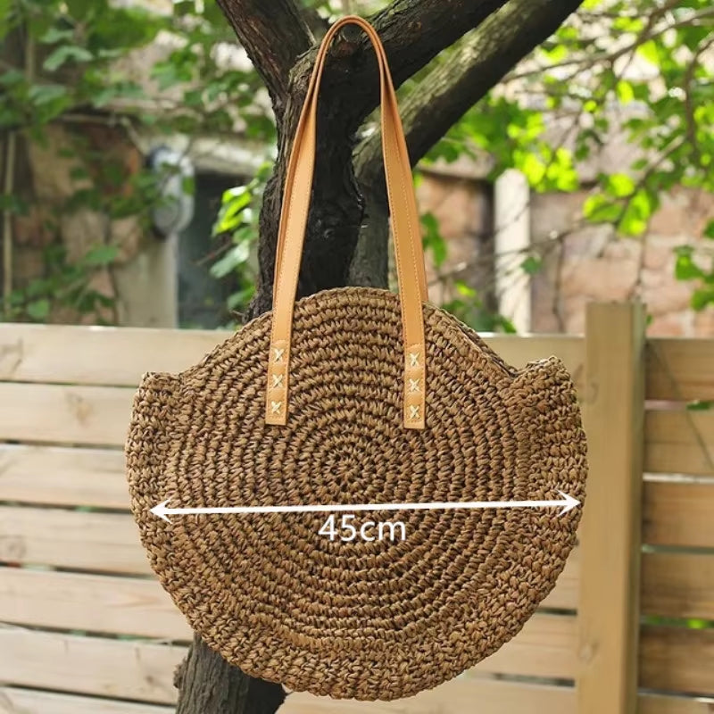 Round Tassel Straw Crossbody Bag for Women - Handmade Woven Rattan Beach Tote for Summer Travel