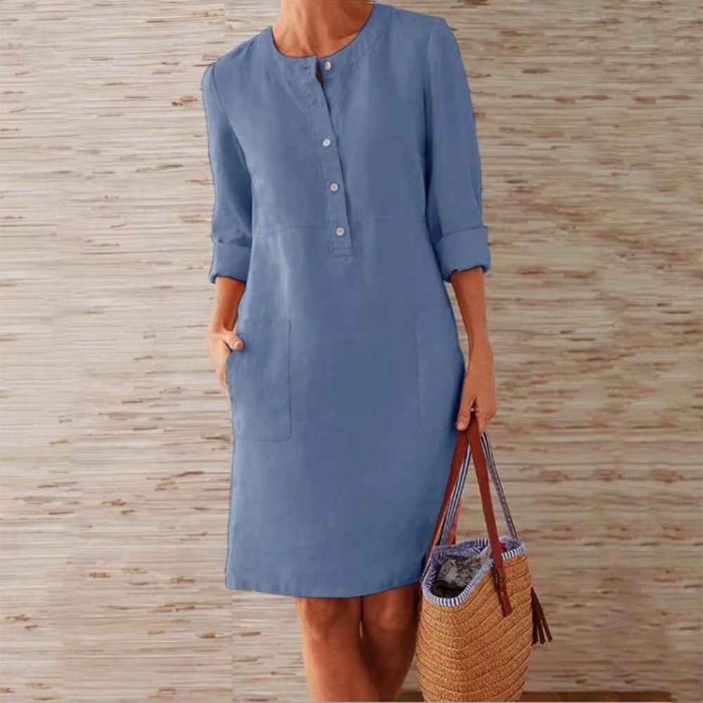 Summer Boho Vintage Dress Women Casual Long Sleeve Buttons Pockets Cotton Linen Loose Knee-Length Dress