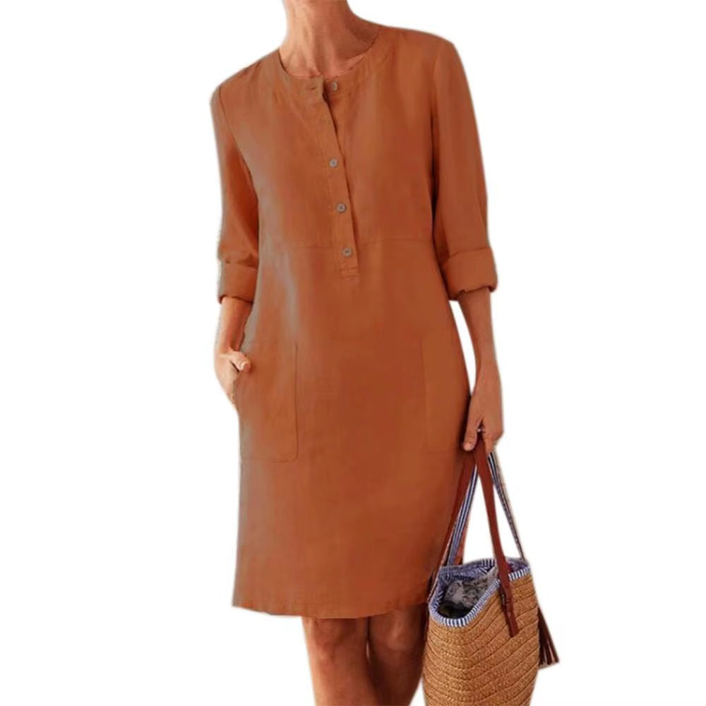 Summer Boho Vintage Dress Women Casual Long Sleeve Buttons Pockets Cotton Linen Loose Knee-Length Dress
