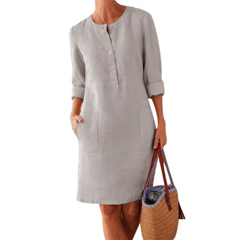 Summer Boho Vintage Dress Women Casual Long Sleeve Buttons Pockets Cotton Linen Loose Knee-Length Dress