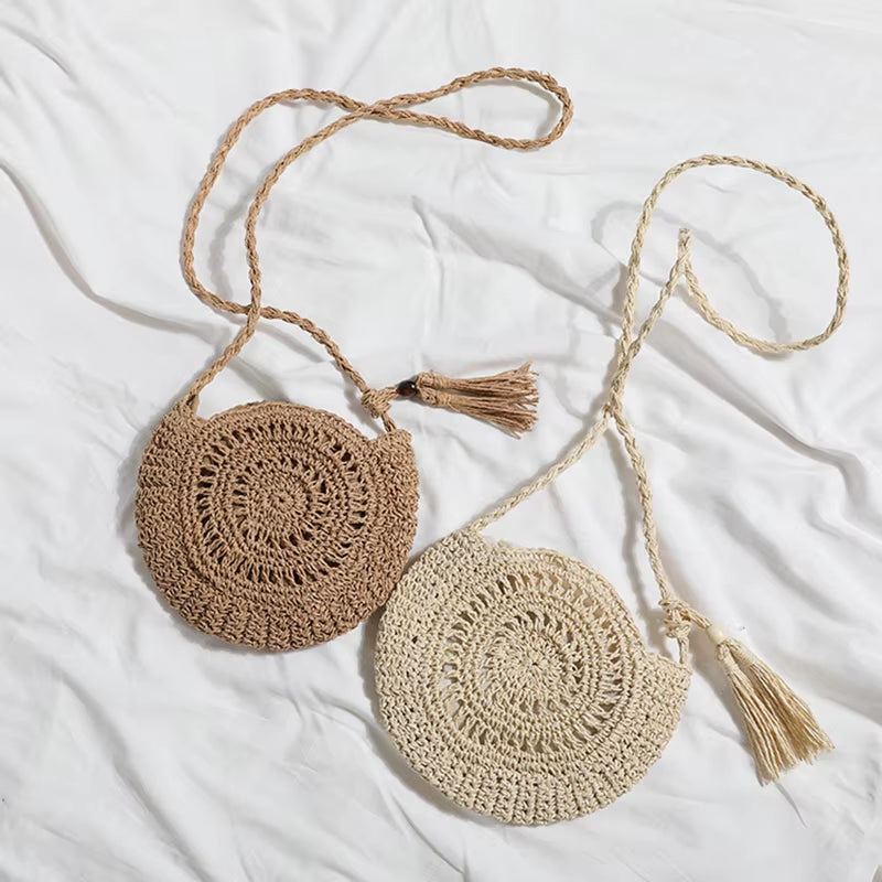 Round Tassel Straw Crossbody Bag for Women - Handmade Woven Rattan Beach Tote for Summer Travel