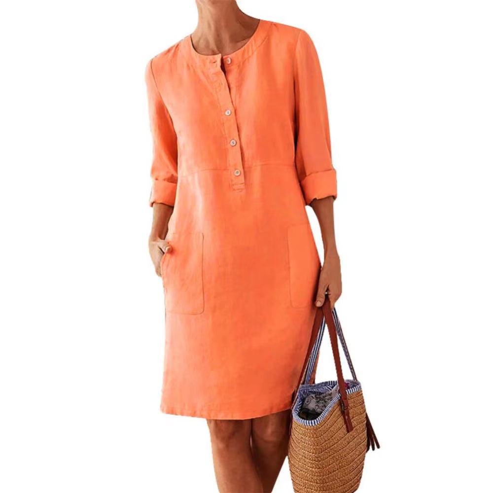 Summer Boho Vintage Dress Women Casual Long Sleeve Buttons Pockets Cotton Linen Loose Knee-Length Dress
