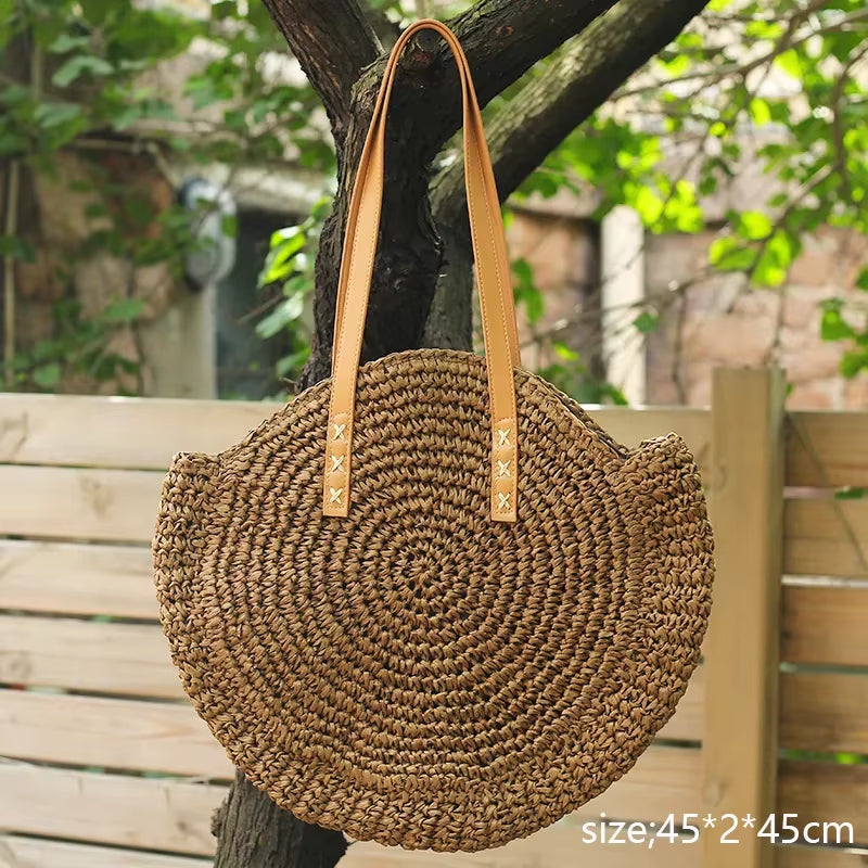 Round Tassel Straw Crossbody Bag for Women - Handmade Woven Rattan Beach Tote for Summer Travel