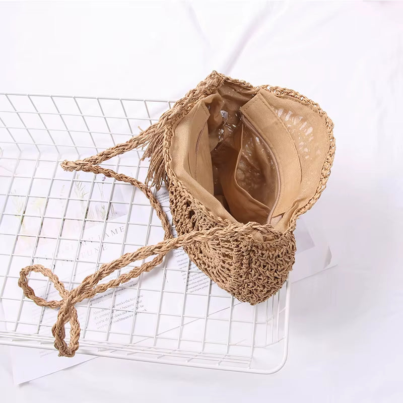 Round Tassel Straw Crossbody Bag for Women - Handmade Woven Rattan Beach Tote for Summer Travel