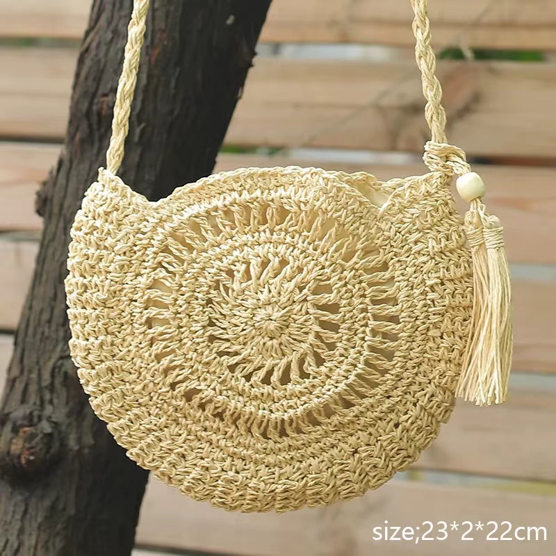 Round Tassel Straw Crossbody Bag for Women - Handmade Woven Rattan Beach Tote for Summer Travel