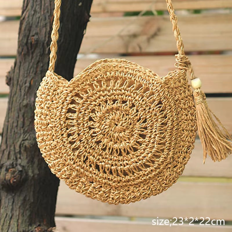 Round Tassel Straw Crossbody Bag for Women - Handmade Woven Rattan Beach Tote for Summer Travel