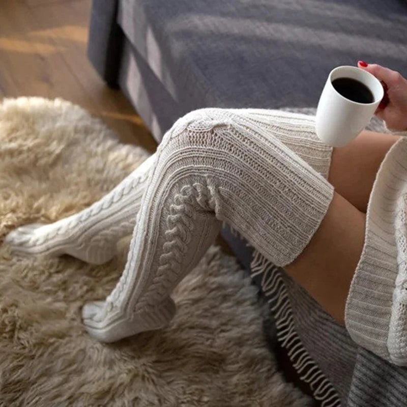 2025 New Casual Knitted Thigh High Socks Stockings Women Winter Home Thick Warm Over Knee Stockings Socks Female Christmas Gift