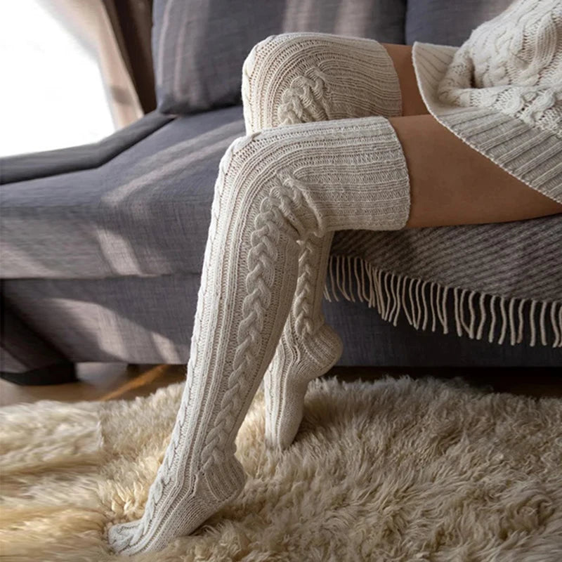 2025 New Casual Knitted Thigh High Socks Stockings Women Winter Home Thick Warm Over Knee Stockings Socks Female Christmas Gift
