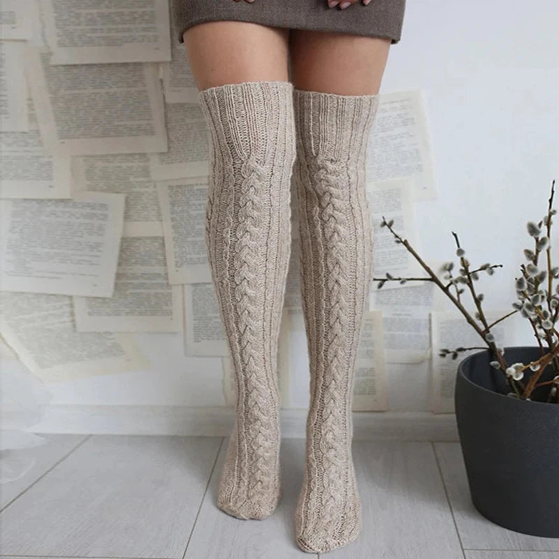 2025 New Casual Knitted Thigh High Socks Stockings Women Winter Home Thick Warm Over Knee Stockings Socks Female Christmas Gift